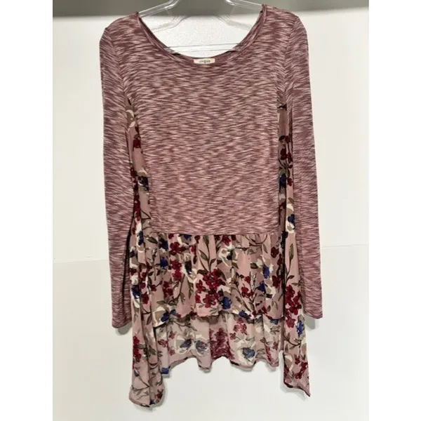 Umgee L Marled Knit Floral High Low Tunic Top Boho Babydoll Long Sleeve - Image 2