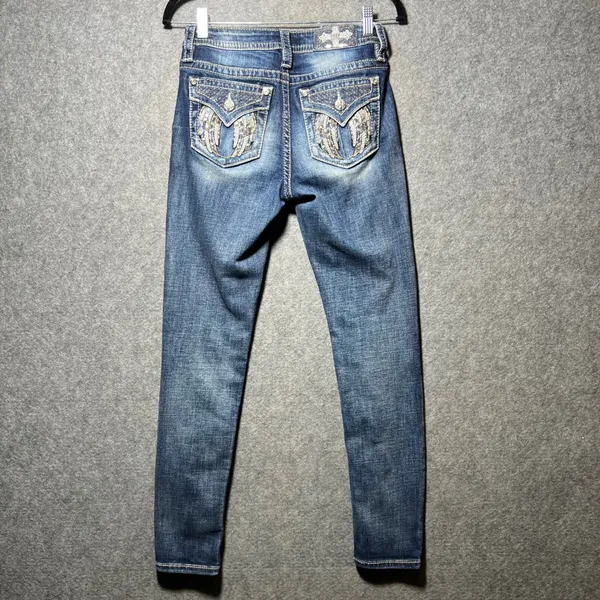 Miss Me Mid Rise Skinny Jeans Angel Wing Embellished Blue 26 x 30 Flap Pockets - Image 6