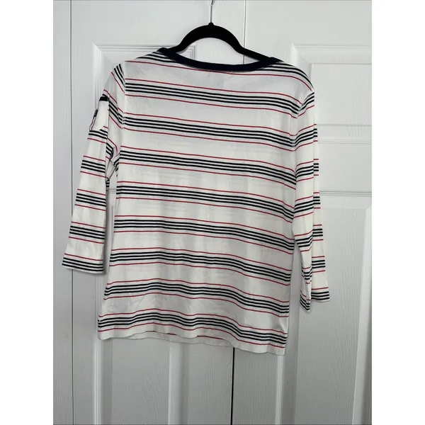 Lauren Ralph Lauren Striped Boat Neck Womens Size L White Red Navy Cotton Top - Image 4