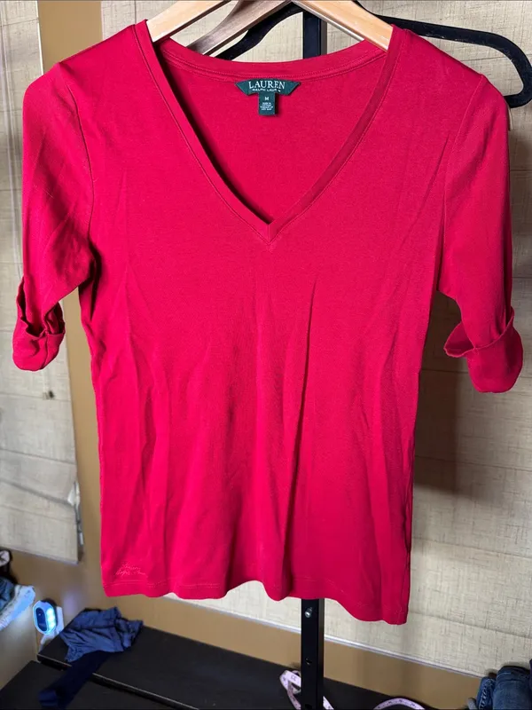 Lauren Ralph Lauren Red Stretch Cotton Elbow Sleeve V-Neck Tee Medium - Image 2