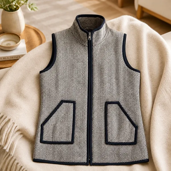 Zeagoo Herringbone Quilted Vest Brown Cream Equestrian Full Zip Pockets Small - Image 2