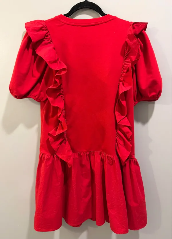 English Factory Mixed Media Ruffle Detail Puff Sleeve Mini Dress Red - Image 4