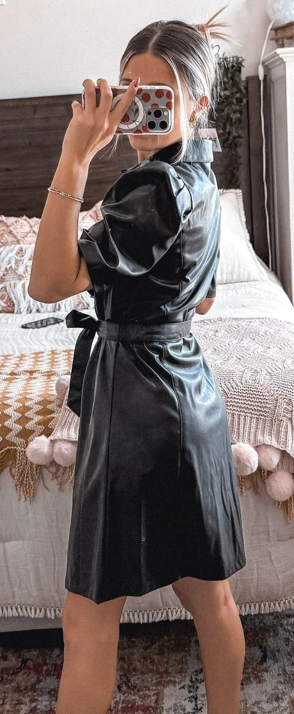 DKNY Black Pleather Button Up Collared Dress - Image 4