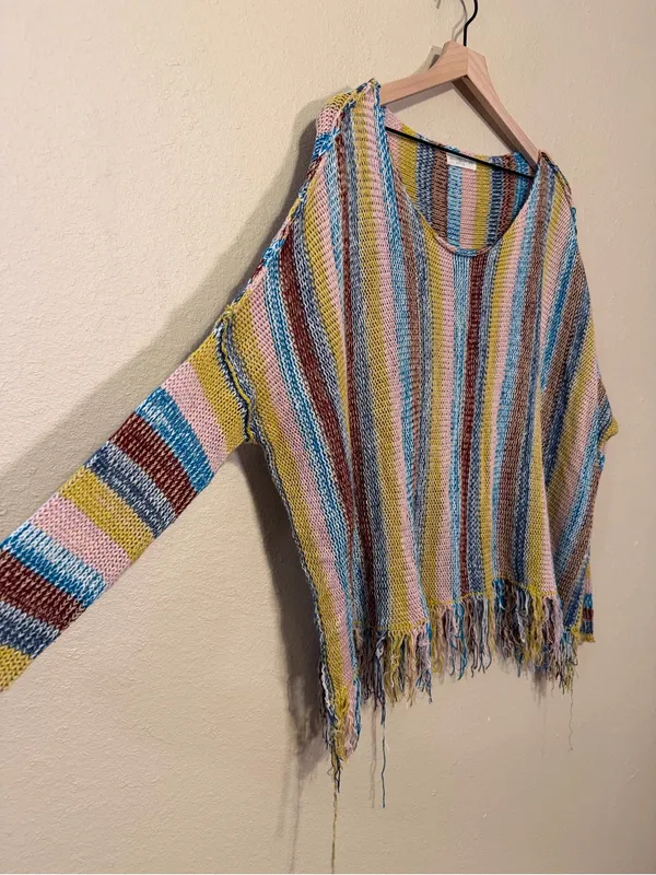 Natural Life Santa Fe Pullover Sage Stripe Boho Sweater Top with Fringe Bottom - Image 3