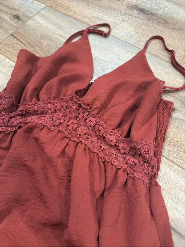 LIBERTY LOVE Rust Boho Western Ruffle Crochet Babydoll Mini Dress | Size Medium - Image 2