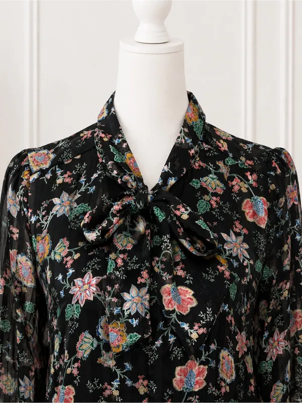Banana Republic Black Floral Sheer Tie-Neck Ruffle Hem Dress Women’s M Romantic - Image 3