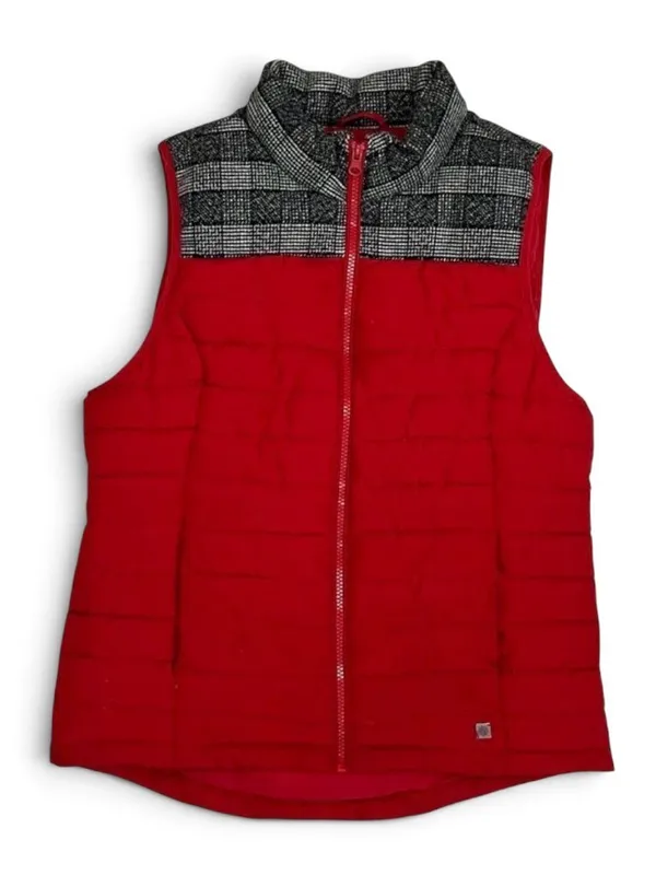 Ruff Hewn Red Quilted Puffer Vest with Black Plaid Fleece Trim Size Small - Image 13