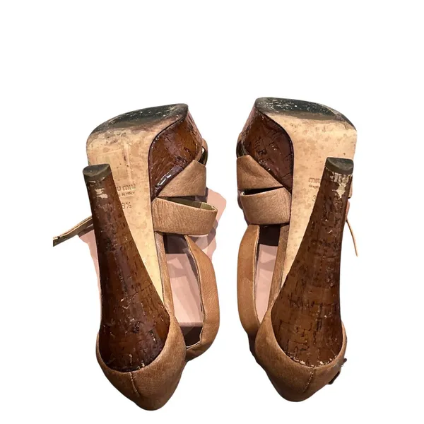 Miu Miu Tan Brown Leather Platform Heels Sandals Size 38.5 Authentic - Image 12