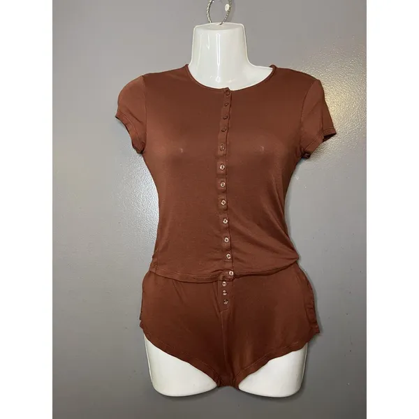 Out From Under Pajama Set Womens XXS Brown Jersey Button Front Top Shorts Lounge - Image 2