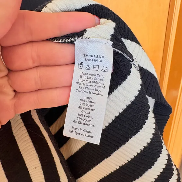 Everlane‎ Black White Striped Ribbed Knit Mock Neck Zip Shoulder Sweater Dress L - Image 3
