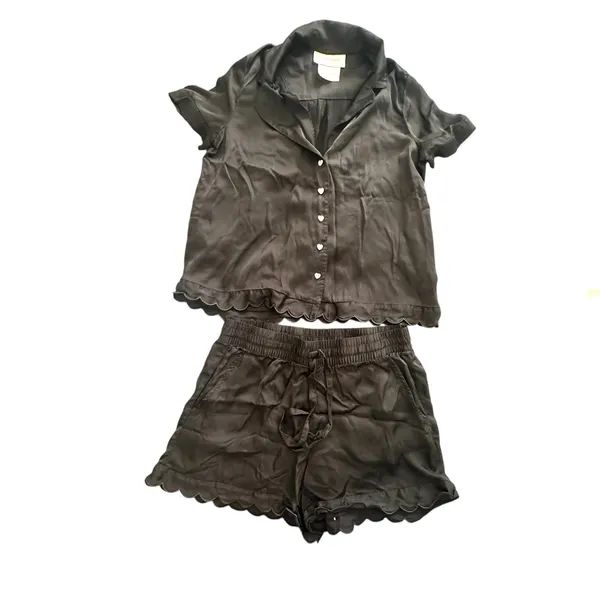 BHLDN Juniper Scalloped‎ Satin Pajama Set Black Small - Image 2