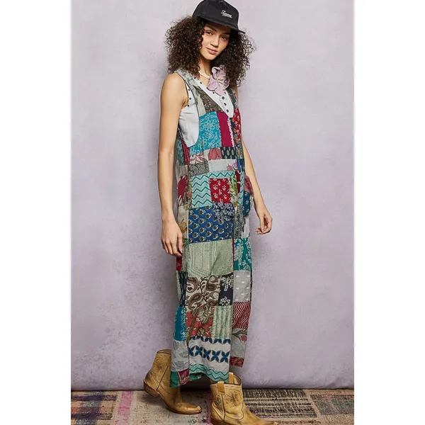 POL Sleeveless Patchwork Wide Leg Jumpsuit - Large‎ - Image 3
