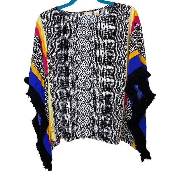 Westbound Abstract Animal Print Kimono‎ Poncho Fringe Sleeve Large - Image 2