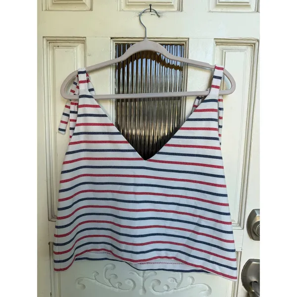 Zara Trafaluc Striped Tie Shoulder V-Neck Camisole Top Red White Blue Large NWT - Image 4