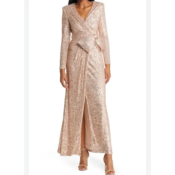 NWT Eliza J Sequin Wrap Front Long Sleeve Gown‎ Rose Gold Sz 8 $268 - Image 2