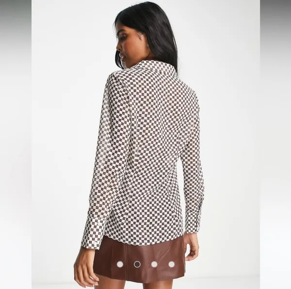 Abercrombie & Fitch Sheer Mesh Brown Checkered Blouse Long Sleeve Button Up Top - Image 3