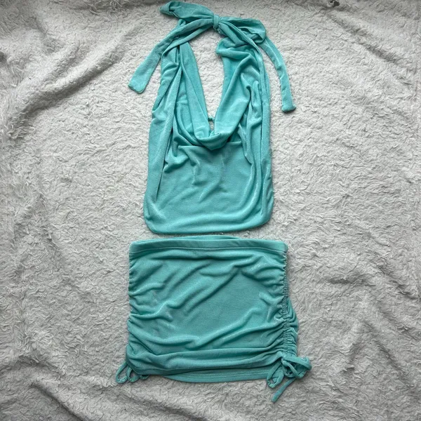 Edikted Turquoise Blue Cowl Neck Skirt Set Size Small - Image 5