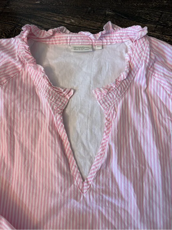 Spartina 449 Babydoll Dress Women XL Pink‎ White Tiered Ruffle Notch Neck - Image 3