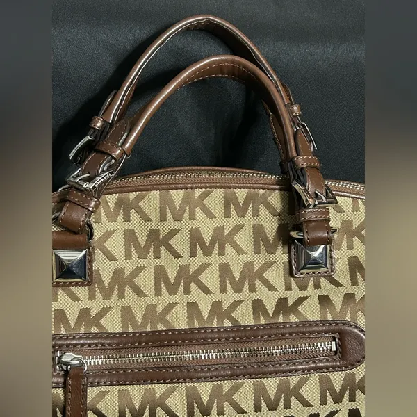 Michael Kors Calista Brown & Tan Logo Satchel Bag Purse - Image 3