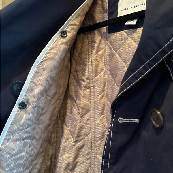 Banana Republic Dark Blue Trench Coat with White Stitching - Image 5