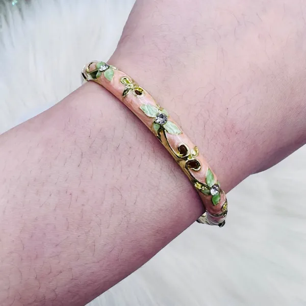 Light pink & green Flower Enamel Cloisonne Bracelet Bangle - Image 3