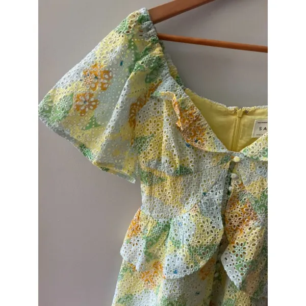 Sabo Skirt Floral Eyelet Mini Dress Size S US 4 Yellow Green Puff Sleeve Ruffle - Image 4