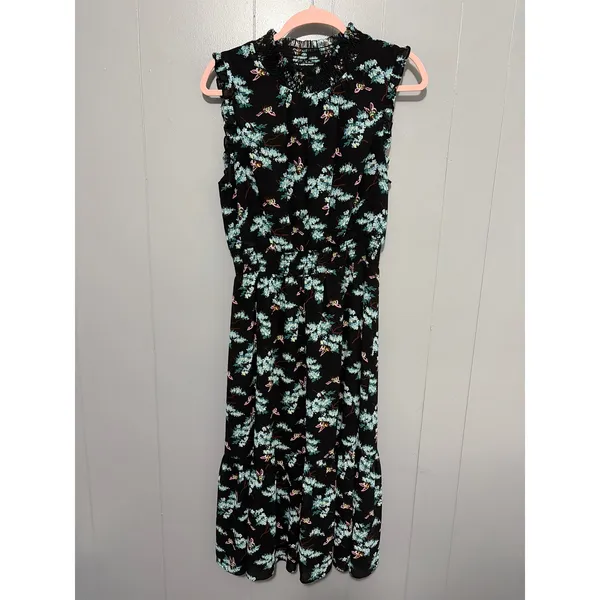 J. Crew Black Botanical Bees Print Smocked Waist Ruffle High Neck Midi Dress M - Image 2