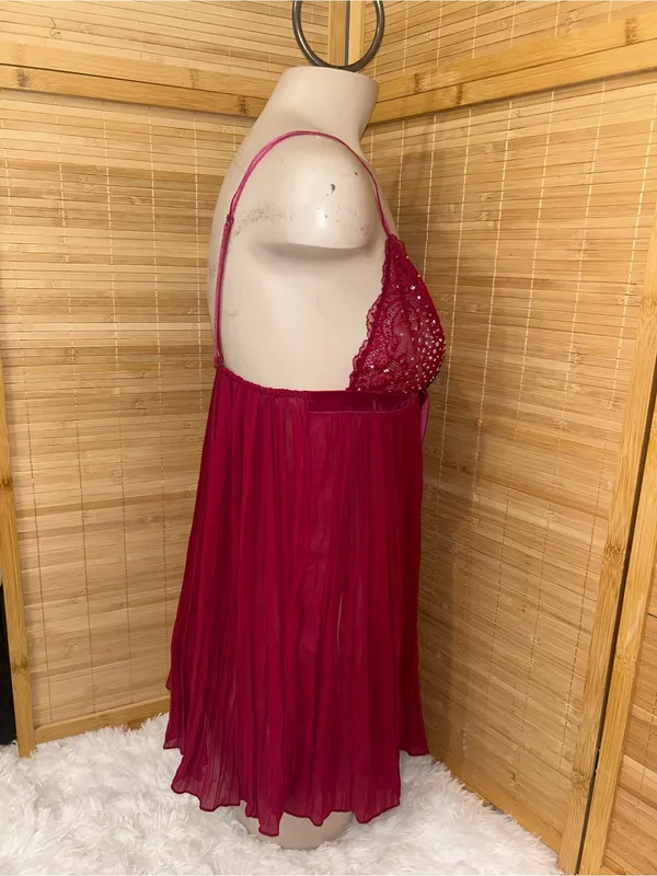 Victoria’s Secret Red Burgundy Pleated Babydoll Chemise sheer lace Lingerie top - Image 4