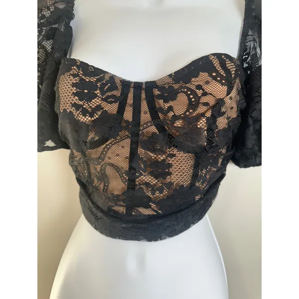 For Love & Lemons Rosalie Crop Top Black Floral Lace Puff Sleeve Bustier M NWOT - Image 5