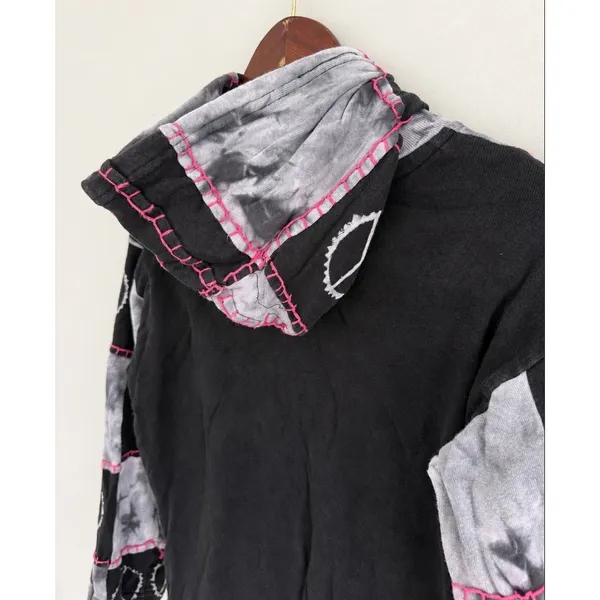 Nepal 100% Cotton Patchwork Tie Dye Peace Sign Zip Up Hoodie Black Pink Sz L/XL - Image 3