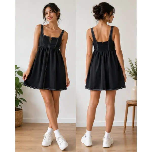 Collusion Black Contrast‎ Stitch Babydoll Mini Dress Square Neck US 2 F103749 - Image 13