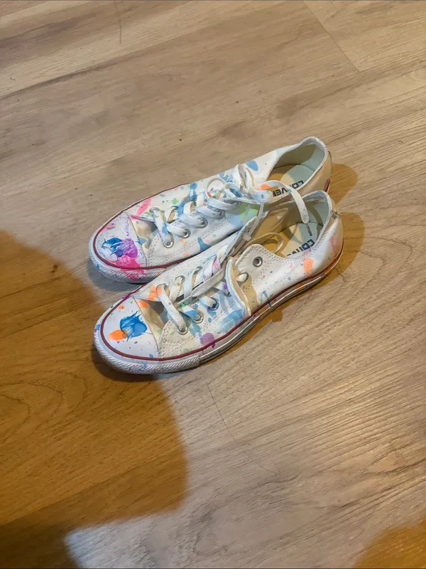 Converse White Low Top Sneakers with Bright Paint Splatter size 10 - Image 2