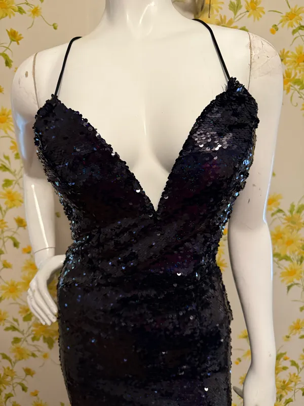 Sequined mini dress black size M Black Sequin V-Neck Lace-Up Short Party Dress - Image 4