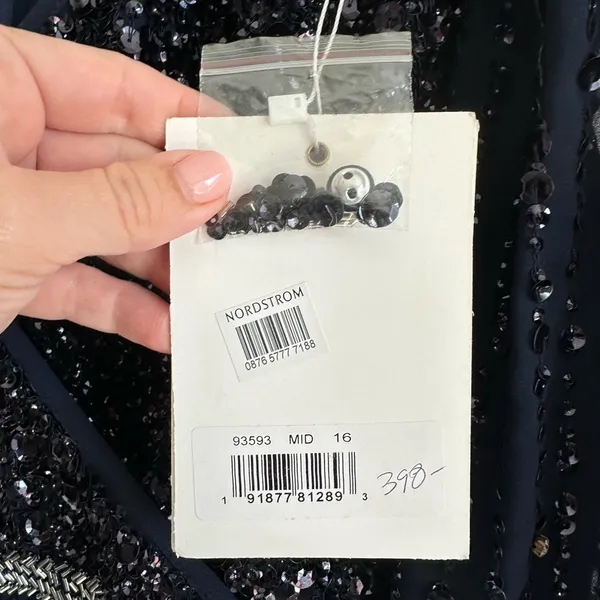 Mac Duggal Sequined V Neck Bishop Sleeve Midi Dress Navy Blue‎ Size 16 #93593 - Image 6