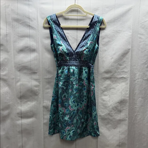 H&M Blue and Purple Peacock Print Deep V Belted Sleeveless Mini Dress - Image 2