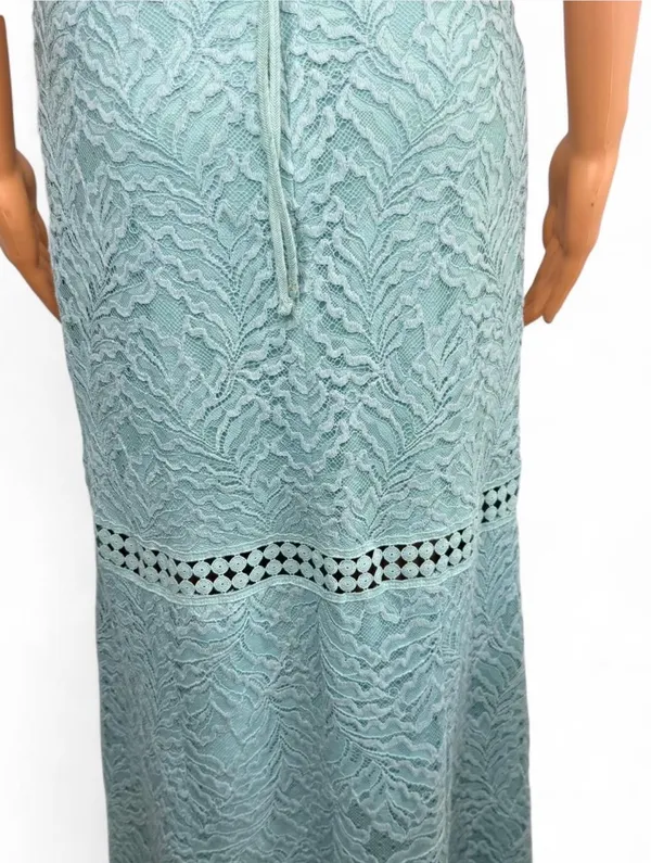 GUESS Sleeveless Mint Lace Halter Maxi Dress. Elegant mint lace halter maxi dress with delicate crochet trim. Soft mint color adds a fresh, feminine look. Halter neckline flatters the shoulders for a polished silhouette. Lightweight lace fabric offers breathable, comfortable wear. Ideal for weddings, garden parties, or special occasions. - Image 6
