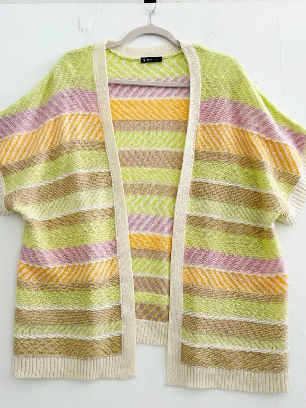 NEW Very J Open Front Cardigan Sweater SMALL Short Sleeve Striped Pastel Beige - Image 6