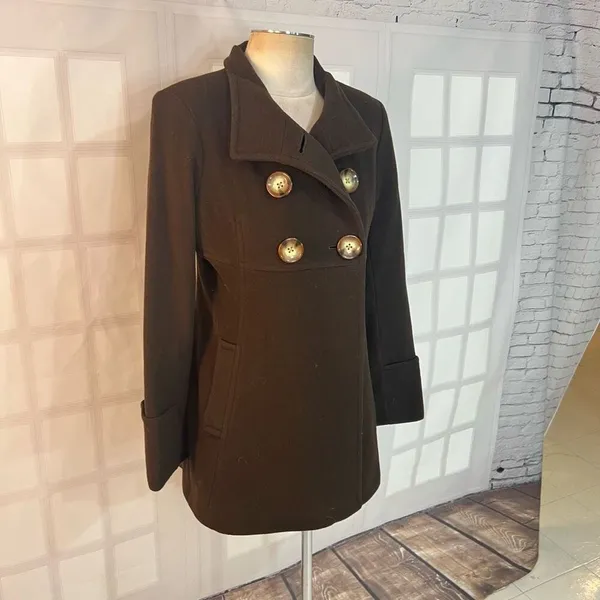 Michael Michael Kors Brown Double Breasted Wool Blend Lined Peacoat Size Medium - Image 2