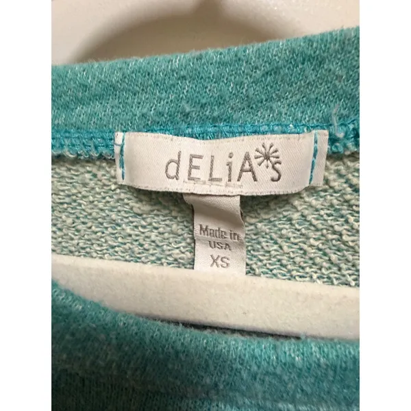 Delia's Whatevs 01 Varsity Graphic Sweatshirt Teal Blue Y2K Crewneck XS USA Made - Image 6