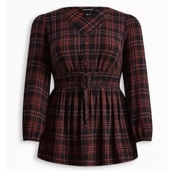 Torrid Plaid Babydoll Flannel Crinkle Gauze‎ Smocked Tie Waist Top Size 1X - Image 5