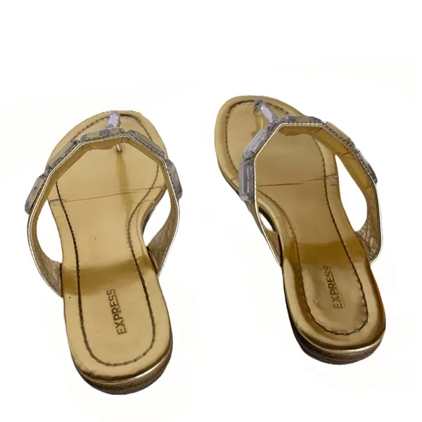 Express Gold Faux Leather With Clear Plastic Crystals Thong Sandals (8) - Image 5