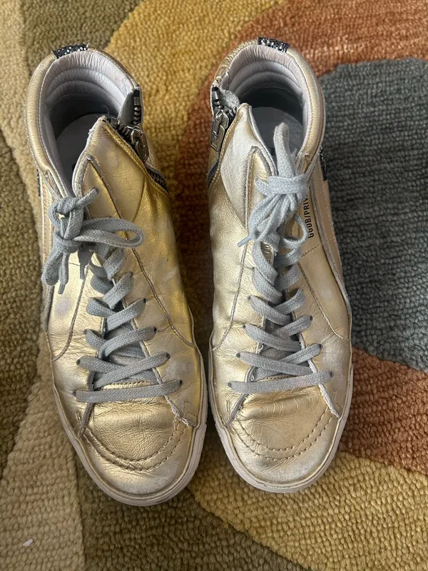 Golden Goose Slide High Top Sneakers Shoes Gold Sequins Star Leather US Size 7 - Image 2
