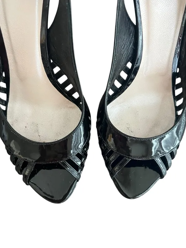 Christian Dior Women’s Whisper Black Patent Leather Peep Toe Sandals Heels 37 - Image 6