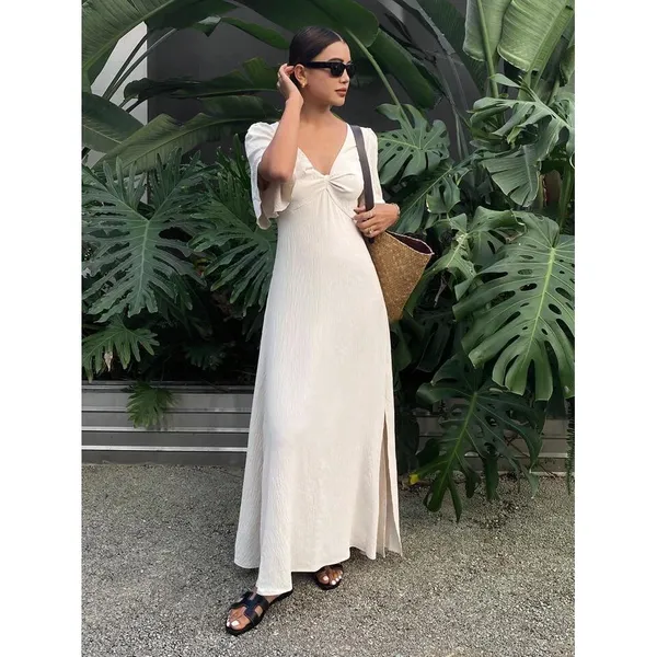 SHEIN Beige Twist Front Flutter‎ Sleeve V-Neck Maxi Dress Side Slit Size Large - Image 6