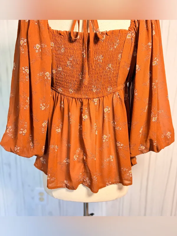 EASEL 3/4-Balloon Sleeve Floral Babydoll Style Blouse, Medium, Amber Cottagecore - Image 9