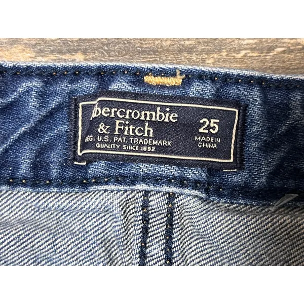 Abercrombie Fitch Denim Mini Skirt Distressed Frayed Raw Hem Blue Size 25 Y2K AF - Image 3