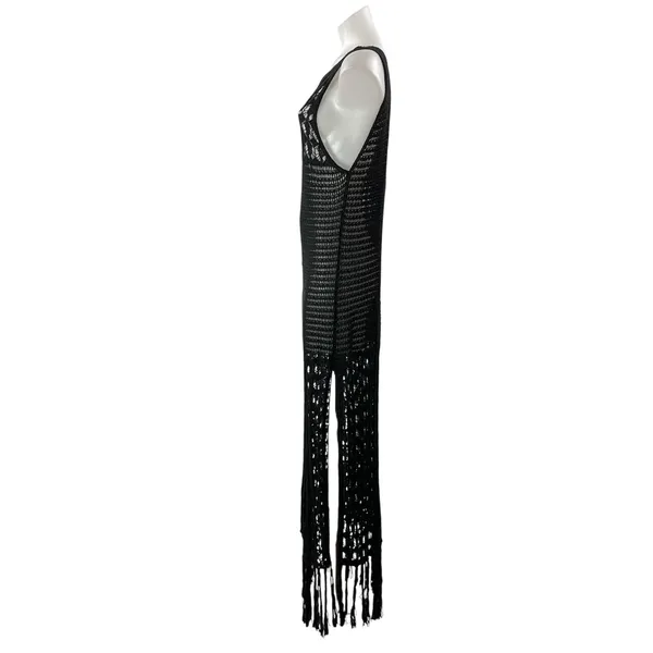 Zara Women's Black Sleeveless Open Knit Crochet Fringed Tasseled Maxi Dress Sz M - Image 2