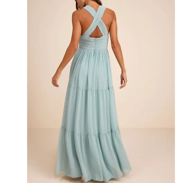 NEW Lulus Leora Light Blue Plunging Chiffon Pleated Tiered Maxi Dress Small - Image 3