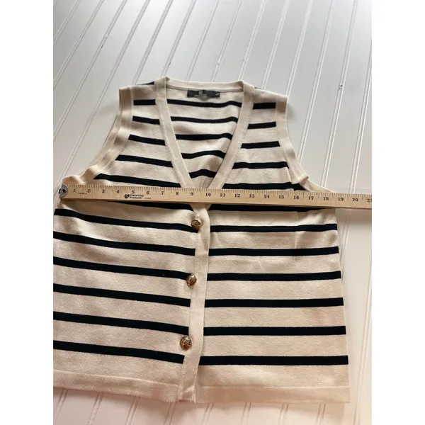 English Factory Striped Knit Vest Cream Black Gold Button V-Neck Large - Image 3