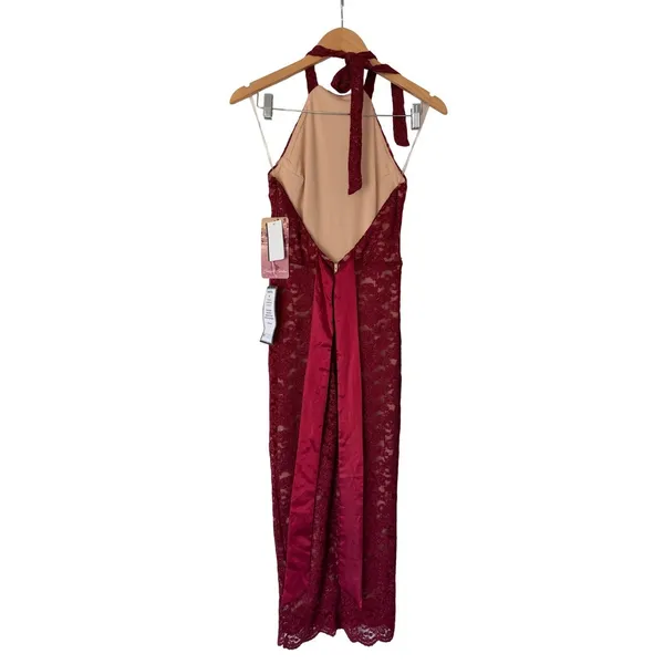 Emerald Sundae Red Glitter Lace Halter Open Back Midi Dress Size S NWT - Image 4